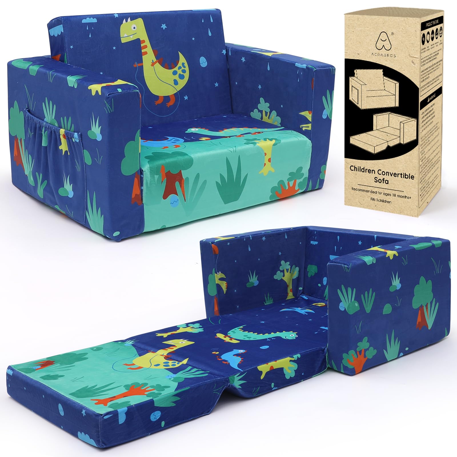 Acrabros Kids Couch: Toddler Sofa Bed Fold Out For Gilrs Boys Baby Flip Out Convertible Lounge Chair Dinosaur